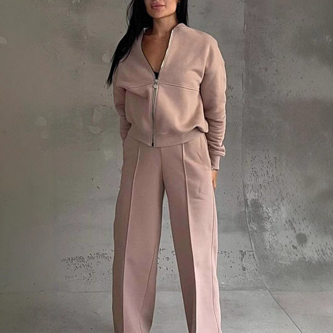 Conjunto outono feminino com jaqueta e calças de perna larga