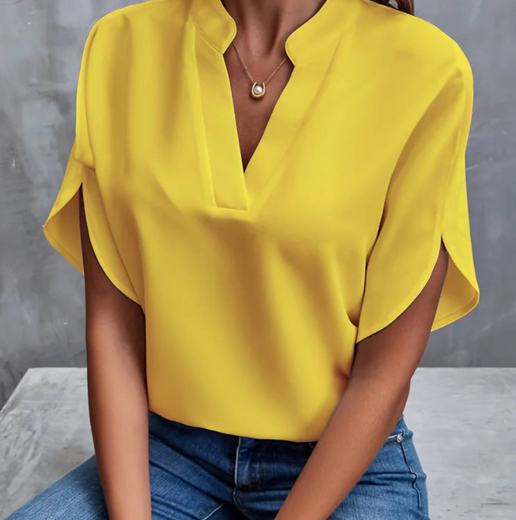 Camisa feminina de chiffon com decote em V