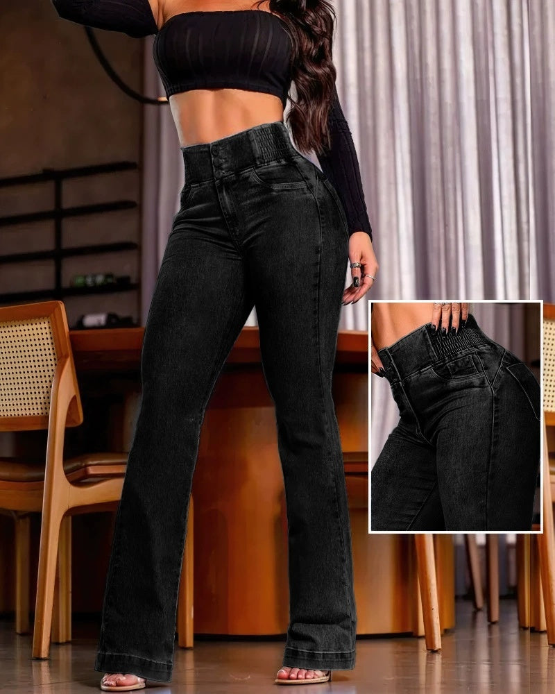 Jeans de cintura alta com botões na frente