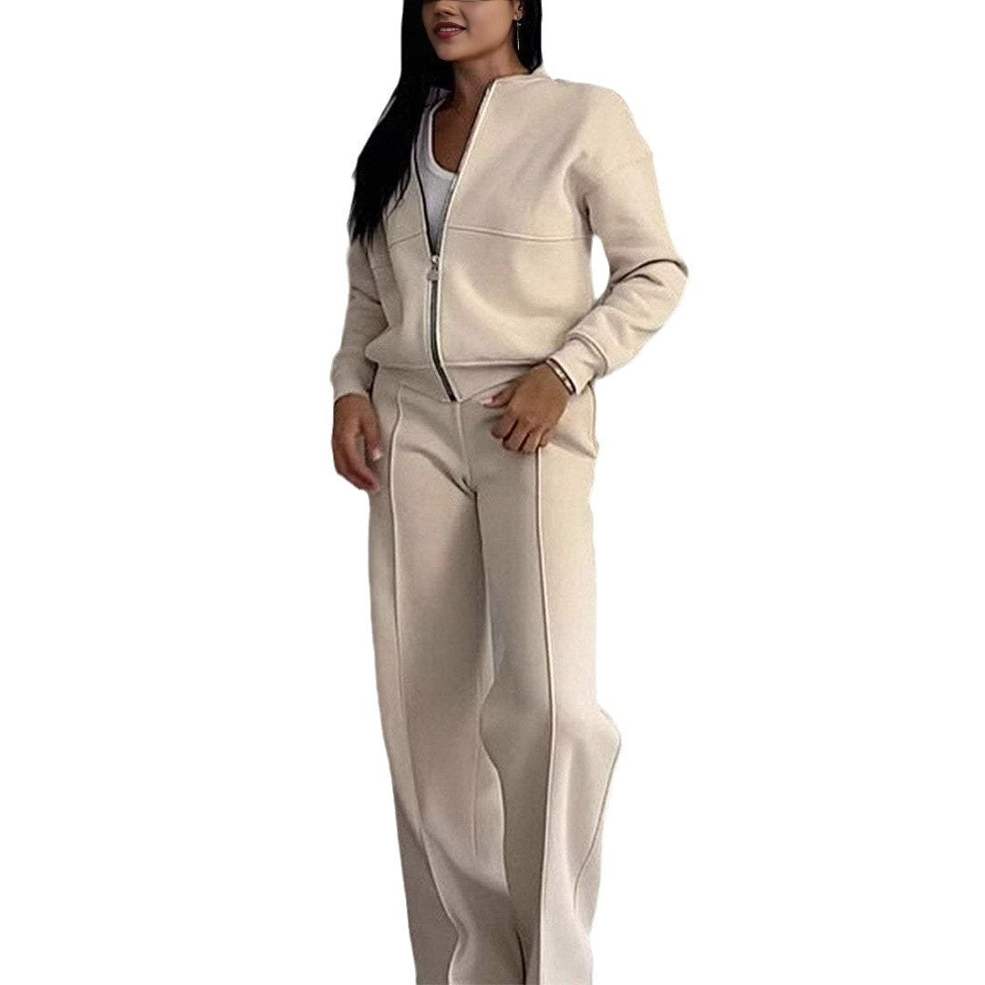 Conjunto outono feminino com jaqueta e calças de perna larga