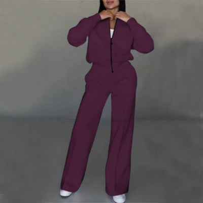 Conjunto outono feminino com jaqueta e calças de perna larga