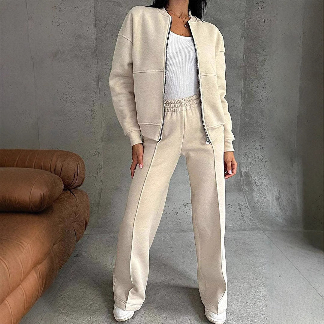Conjunto outono feminino com jaqueta e calças de perna larga