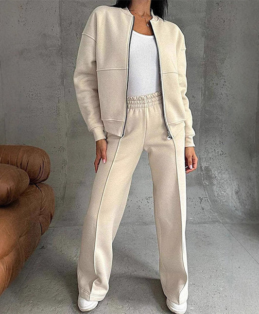 Conjunto outono feminino com jaqueta e calças de perna larga