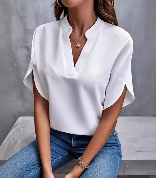Camisa feminina de chiffon com decote em V